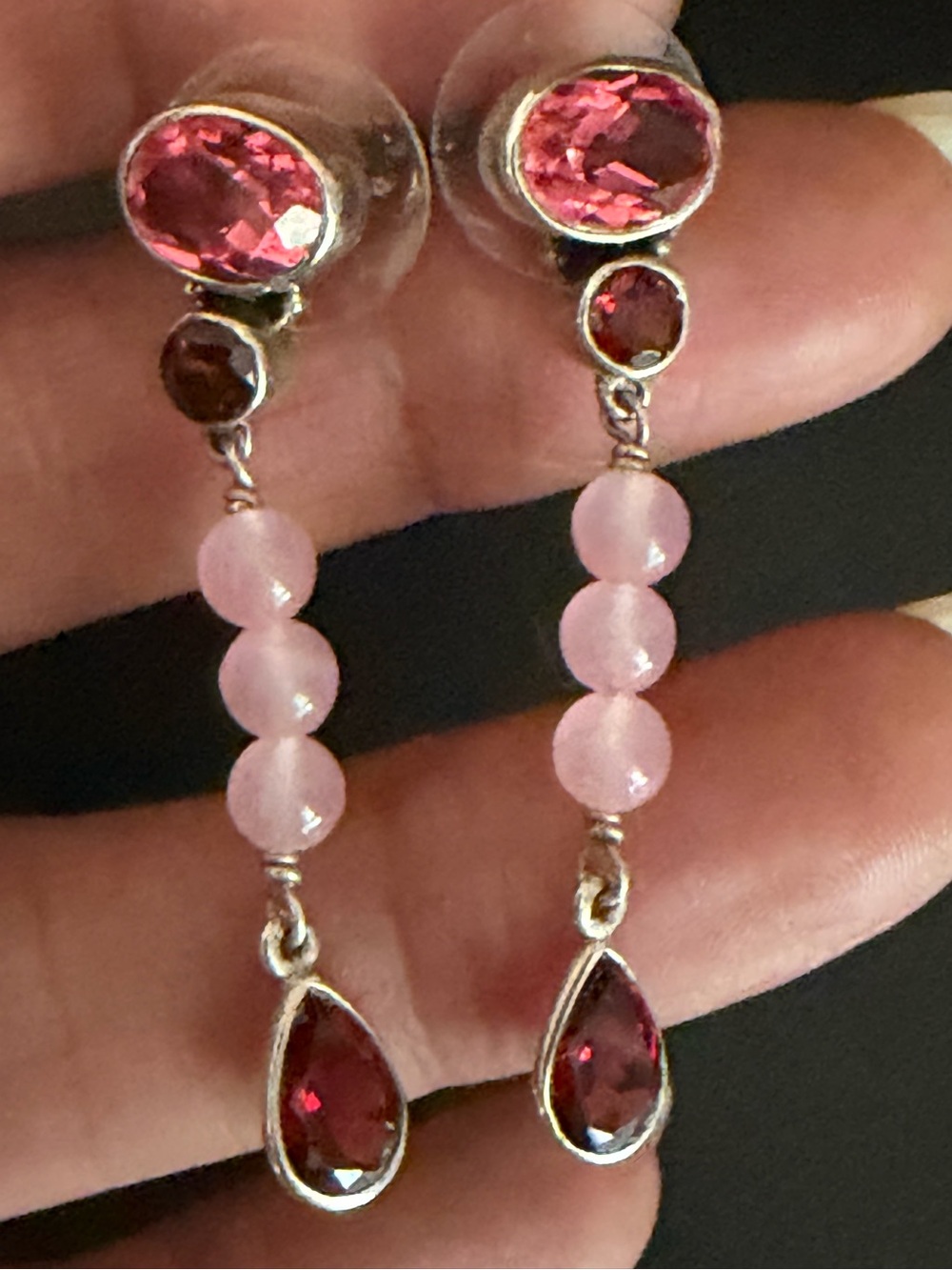 VINTAGE NICKY BUTLER NB 925 STERLING SILVER ROSE QUARTZ GARNET DROP EARRINGS
